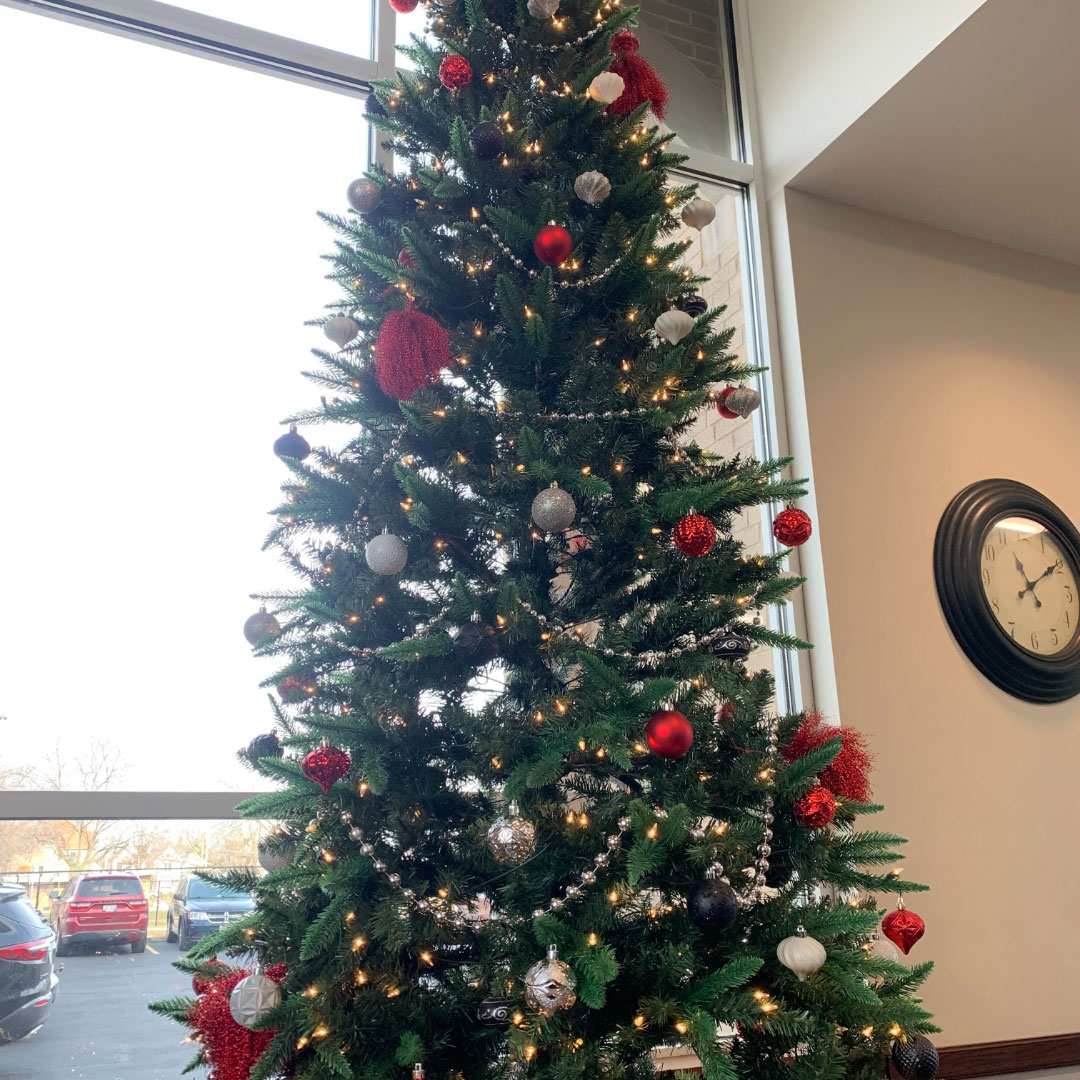 A tall Christmas Tree in the Milwaukee Rescue Mission's foyer