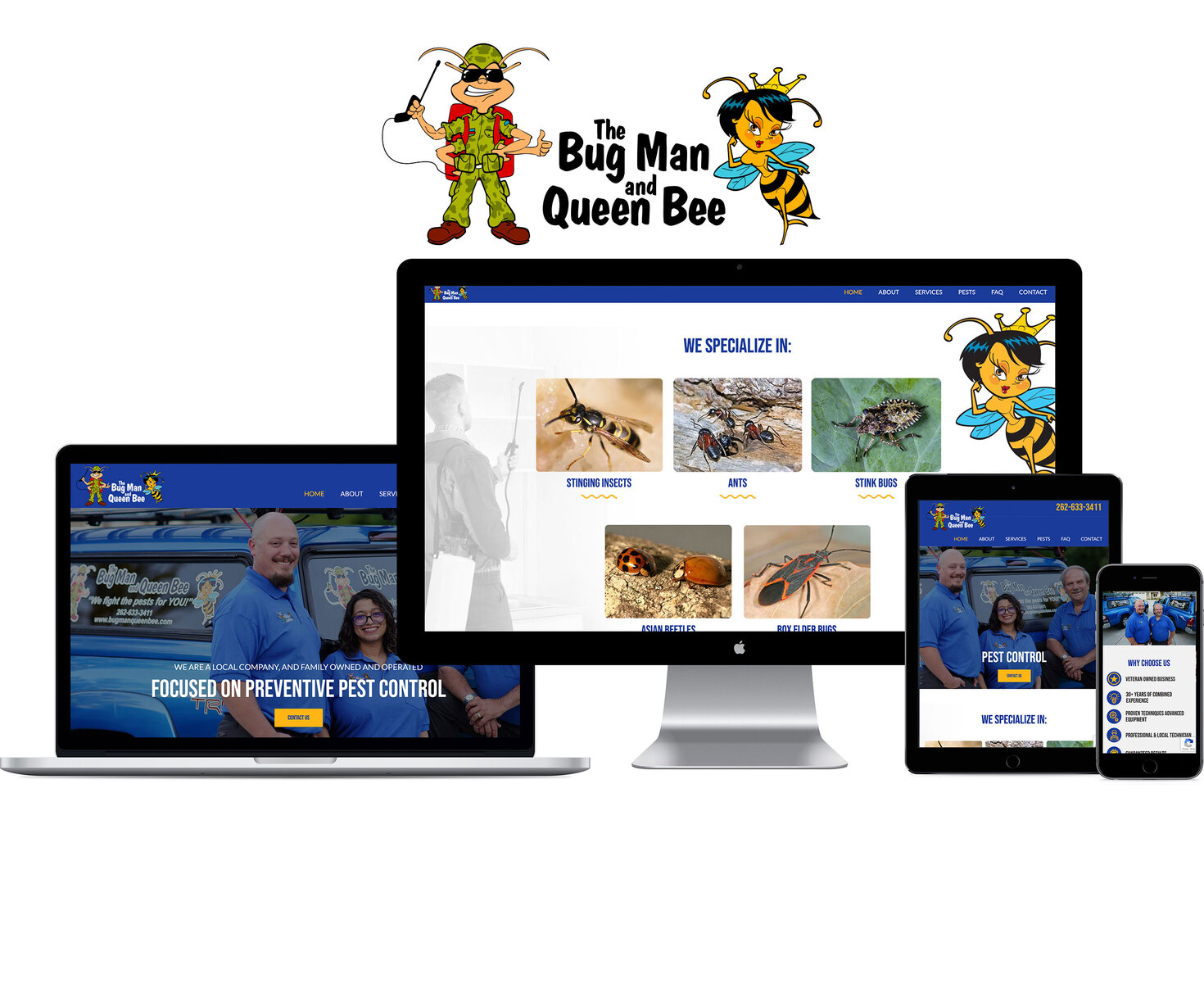 mobile and desktop versions of the Bug Man and Queen Bee website