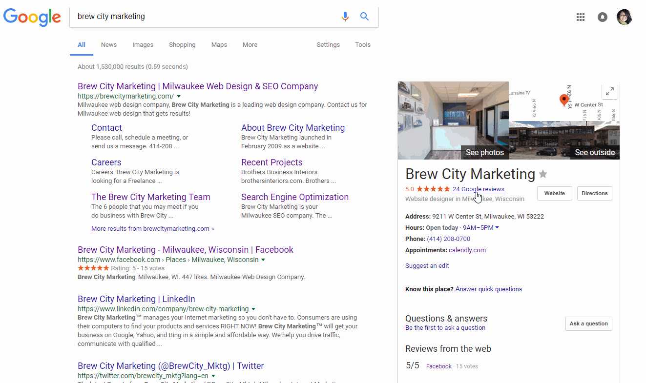Reviews listed on the Brew City Marketing GMB listing