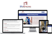 Various devices showing images of MidAmerican Building System's commercial cleaning services website.