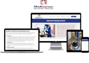 Various devices showing images of MidAmerican Building System's commercial cleaning services website.