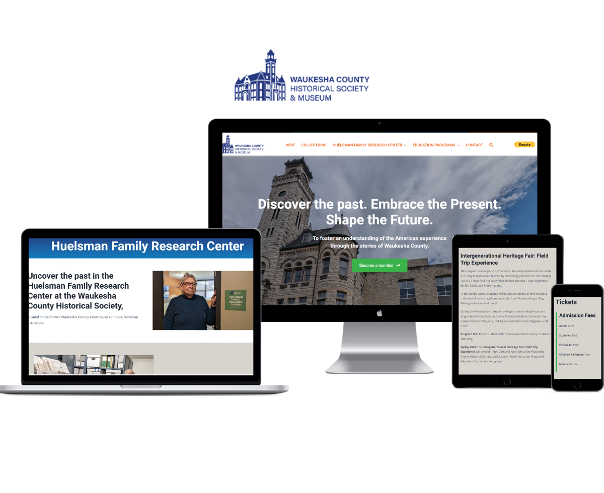 Portfolio details displaying web pages for the Waukesha County Historical Society & Musem